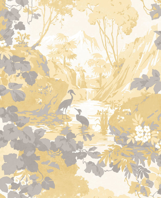Eeden Crane Lagoon Mustard Botanical Feature Wall Wallpaper - Brewster M1678