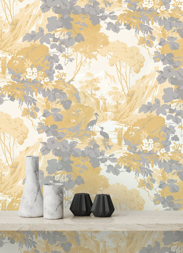 Eeden Crane Lagoon Mustard Botanical Feature Wall Wallpaper - Brewster M1678