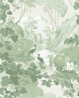 Eeden Crane Lagoon Sage Wallpaper with Botanical Birds Scenic Feature Wall - Brewster M1679