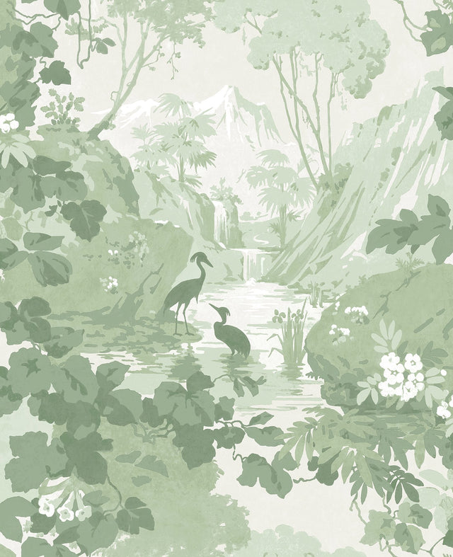 Eeden Crane Lagoon Sage Wallpaper with Botanical Birds Scenic Feature Wall - Brewster M1679