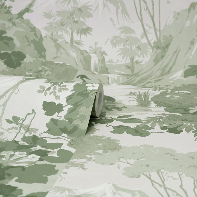 Eeden Crane Lagoon Sage Wallpaper with Botanical Birds Scenic Feature Wall - Brewster M1679