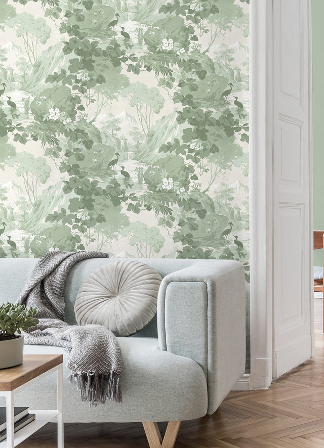 Eeden Crane Lagoon Sage Wallpaper with Botanical Birds Scenic Feature Wall - Brewster M1679