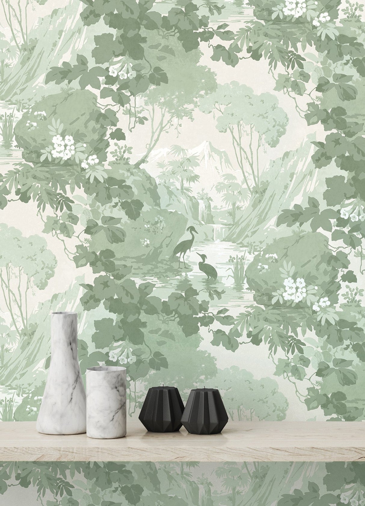 Eeden Crane Lagoon Sage Wallpaper with Botanical Birds Scenic Feature Wall - Brewster M1679