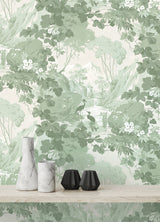 Eeden Crane Lagoon Sage Wallpaper with Botanical Birds Scenic Feature Wall - Brewster M1679