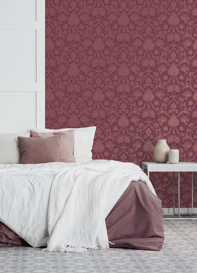 Bamburg Red Floral Wallpaper with Botanical Flower Motif - Brewster M1680