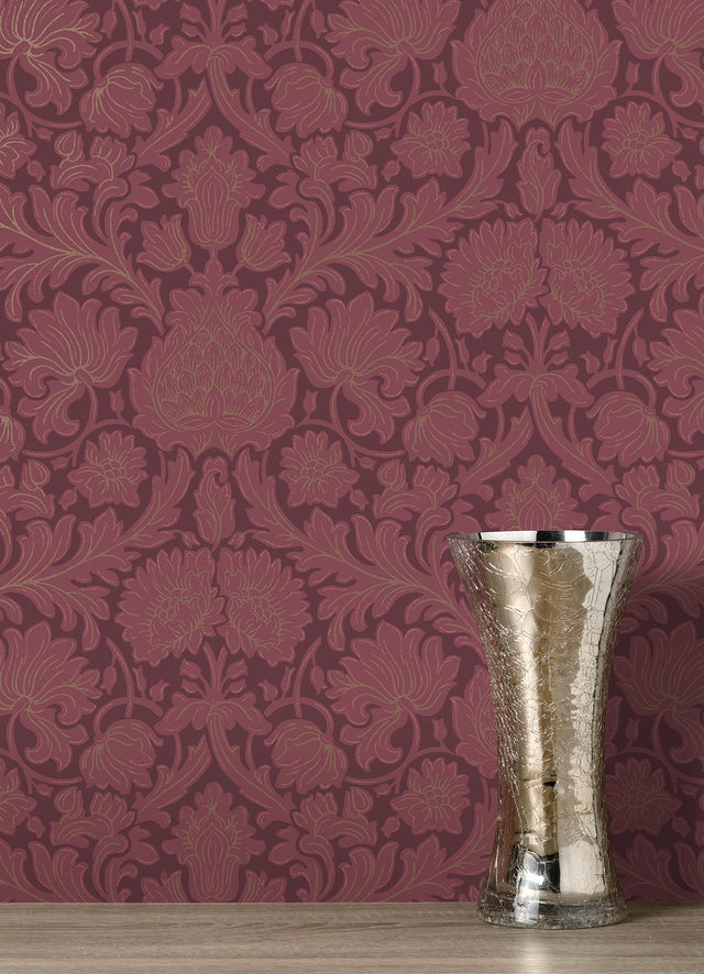 Bamburg Red Floral Wallpaper with Botanical Flower Motif - Brewster M1680