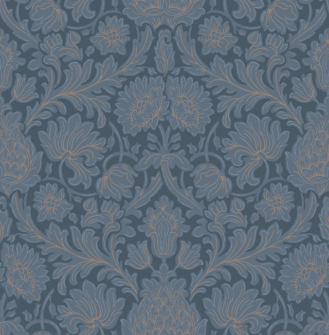 Bamburg Dark Blue Floral Wallpaper with Botanical Damask Motif - Brewster M1681
