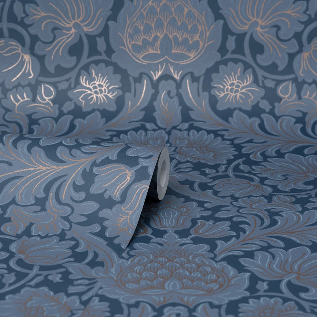 Bamburg Dark Blue Floral Wallpaper with Botanical Damask Motif - Brewster M1681