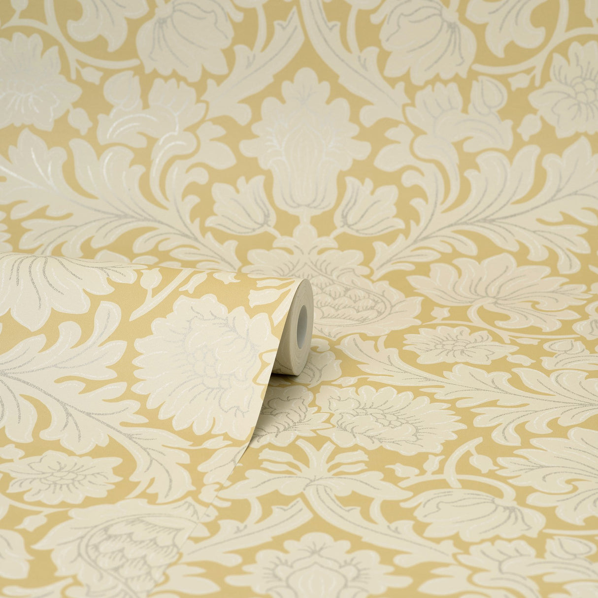 Bamburg Mustard Floral Wallpaper with Botanical Damask Motif - Brewster M1682