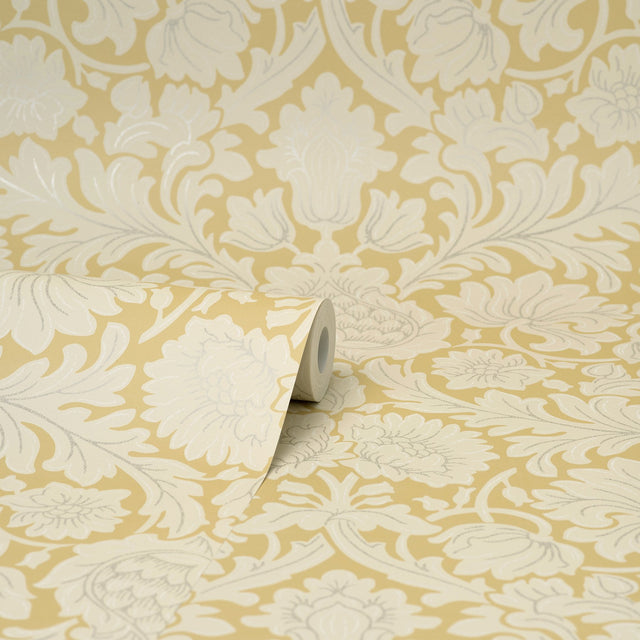 Bamburg Mustard Floral Wallpaper with Botanical Damask Motif - Brewster M1682