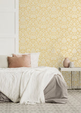 Bamburg Mustard Floral Wallpaper with Botanical Damask Motif - Brewster M1682