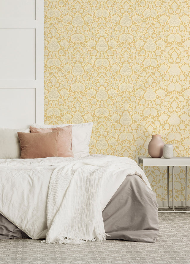 Bamburg Mustard Floral Wallpaper with Botanical Damask Motif - Brewster M1682