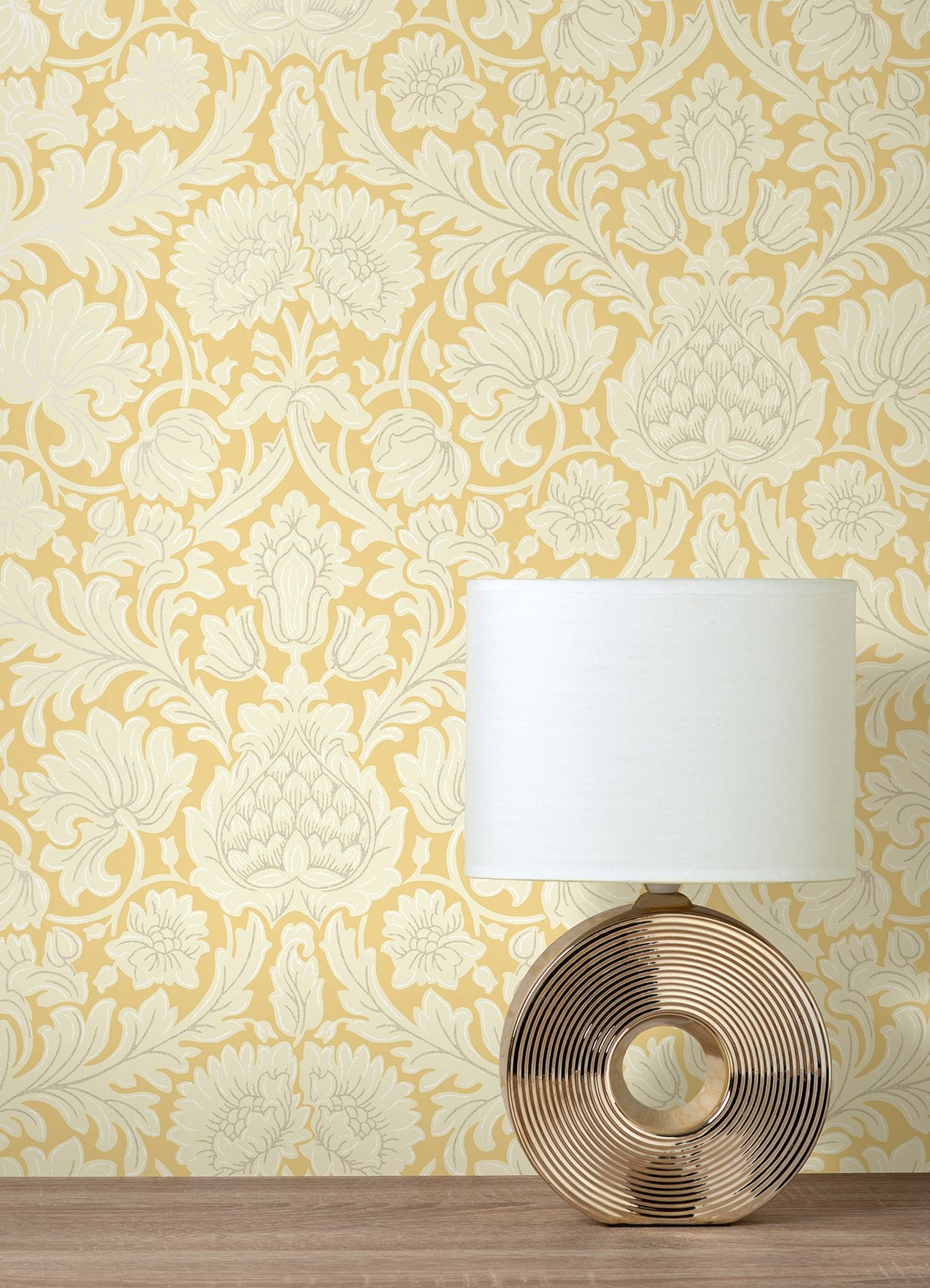 Bamburg Mustard Floral Wallpaper with Botanical Damask Motif - Brewster M1682