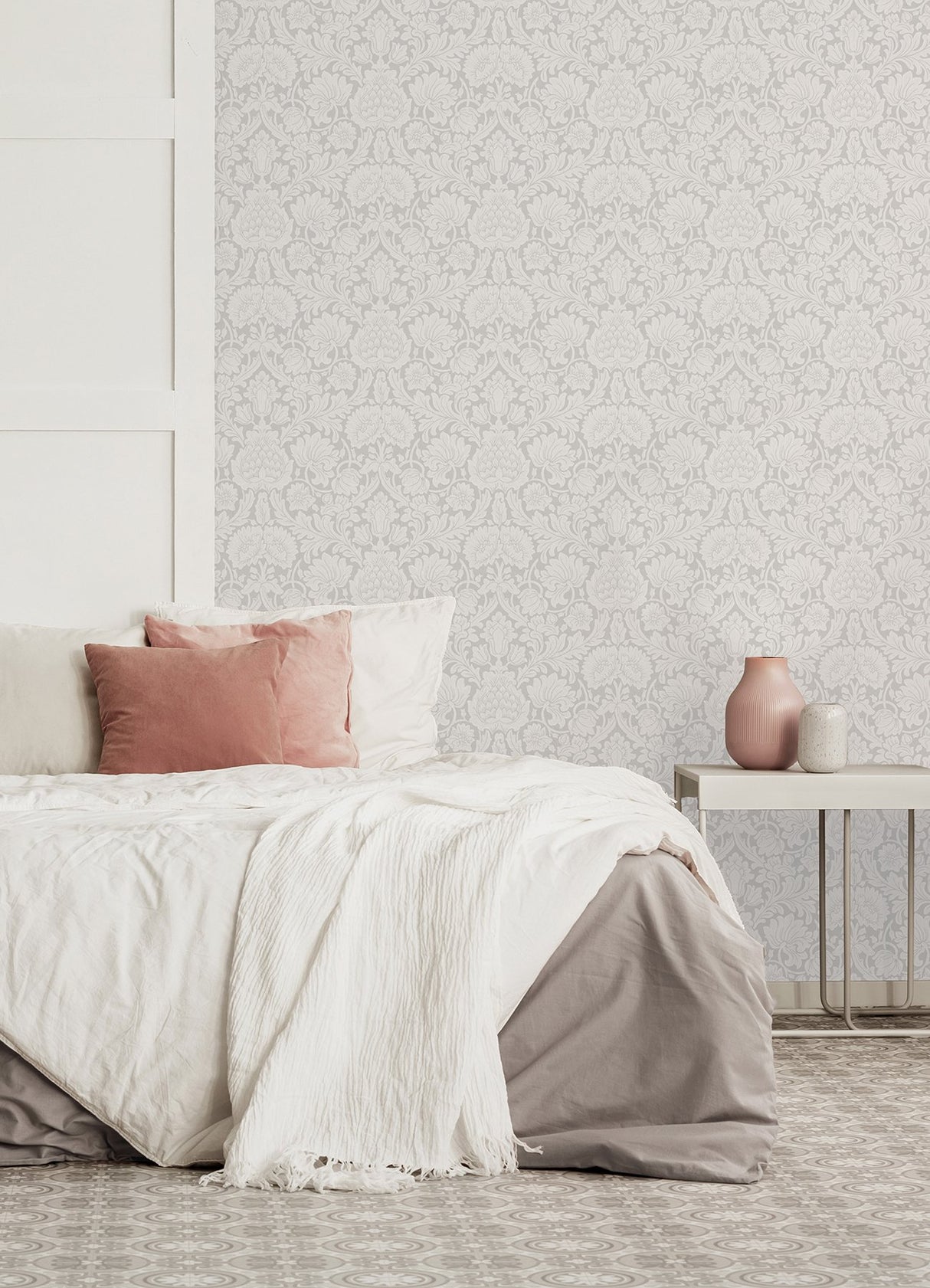 Bamburg Grey Floral Wallpaper with Botanical Damask Motif - Brewster M1683