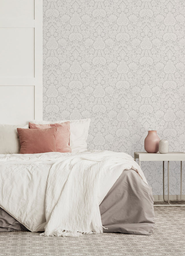 Bamburg Grey Floral Wallpaper with Botanical Damask Motif - Brewster M1683