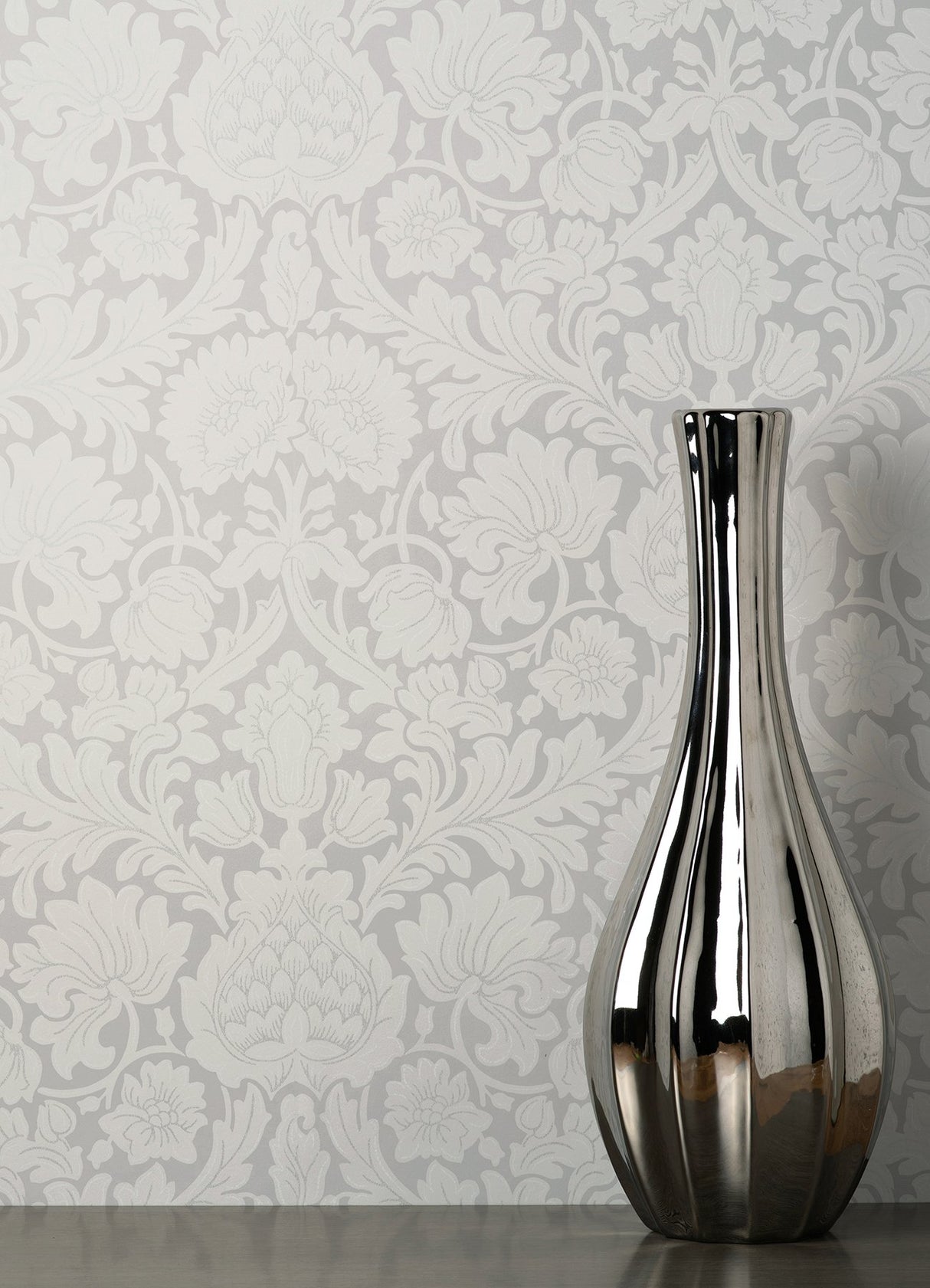 Bamburg Grey Floral Wallpaper with Botanical Damask Motif - Brewster M1683