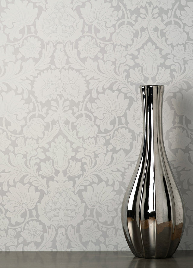 Bamburg Grey Floral Wallpaper with Botanical Damask Motif - Brewster M1683