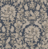 Richmond Blue Floral Wallpaper with Whimsical Botanical Animal Motif - Brewster M1684