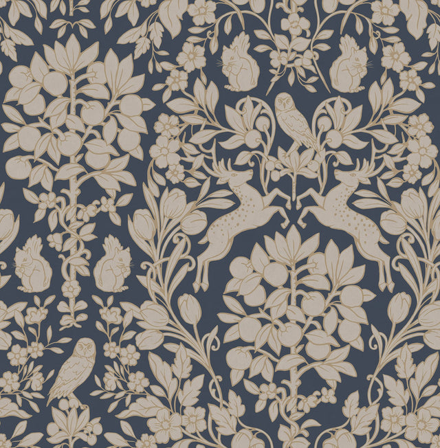 Richmond Blue Floral Wallpaper with Whimsical Botanical Animal Motif - Brewster M1684