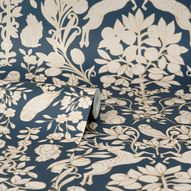 Richmond Blue Floral Wallpaper with Whimsical Botanical Animal Motif - Brewster M1684