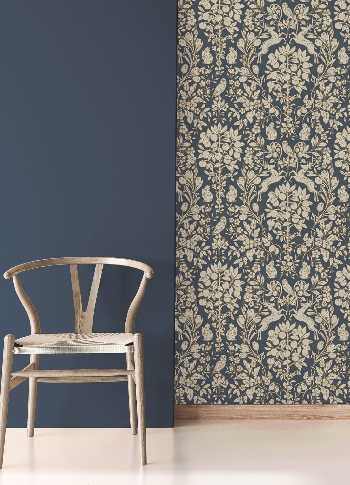 Richmond Blue Floral Wallpaper with Whimsical Botanical Animal Motif - Brewster M1684
