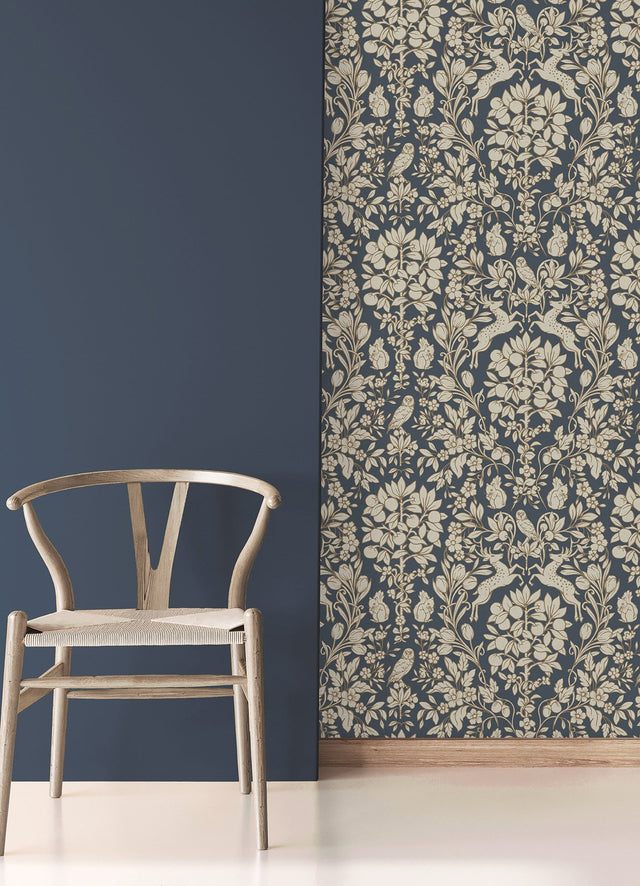 Richmond Blue Floral Wallpaper with Whimsical Botanical Animal Motif - Brewster M1684