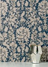 Richmond Blue Floral Wallpaper with Whimsical Botanical Animal Motif - Brewster M1684