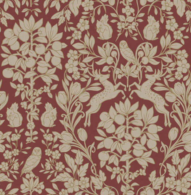 Richmond Maroon Floral Wallpaper with Whimsical Woodland Flowers Pattern - Brewster M1685
