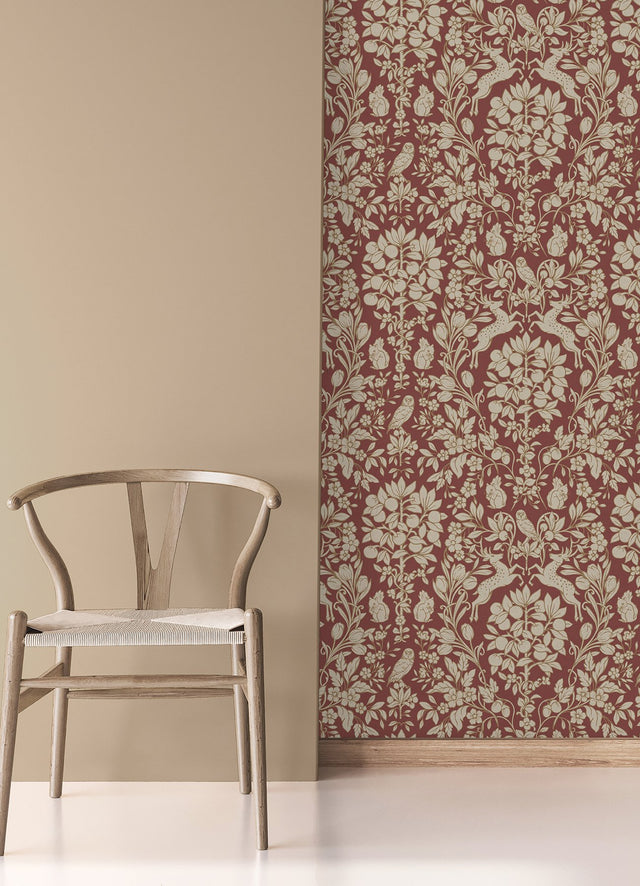 Richmond Maroon Floral Wallpaper with Whimsical Woodland Flowers Pattern - Brewster M1685
