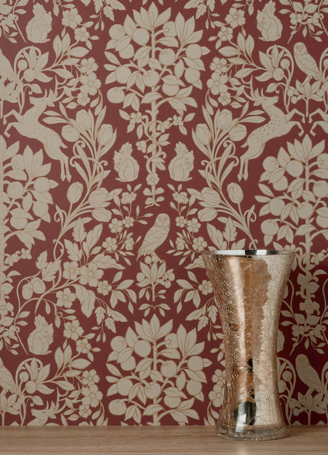 Richmond Maroon Floral Wallpaper with Whimsical Woodland Flowers Pattern - Brewster M1685