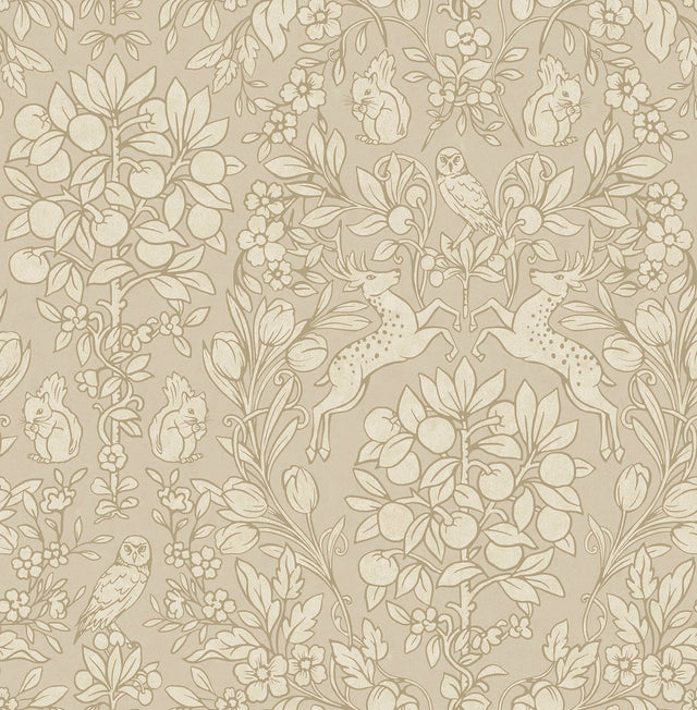 Richmond Taupe Floral Wallpaper with Whimsical Woodland Botanical Pattern - Brewster M1686
