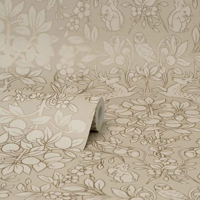 Richmond Taupe Floral Wallpaper with Whimsical Woodland Botanical Pattern - Brewster M1686