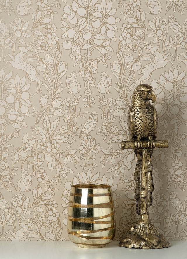 Richmond Taupe Floral Wallpaper with Whimsical Woodland Botanical Pattern - Brewster M1686