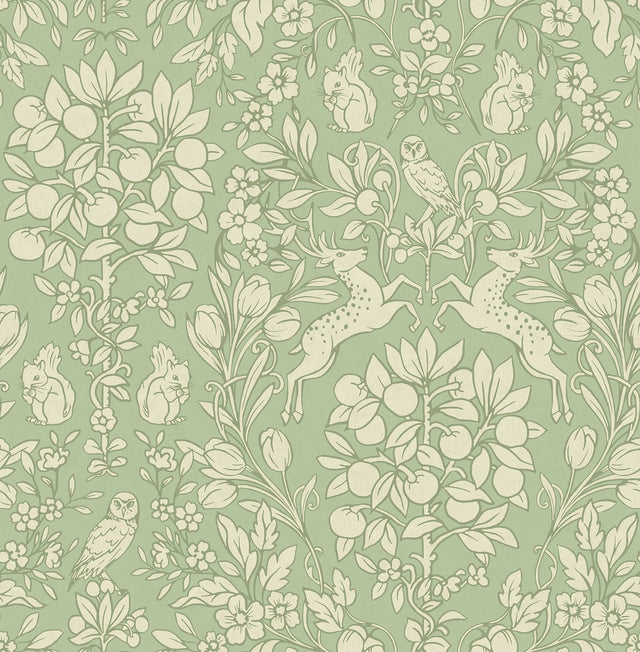Richmond Sage Floral Wallpaper with Whimsical Botanical Animal Motif - Brewster M1688