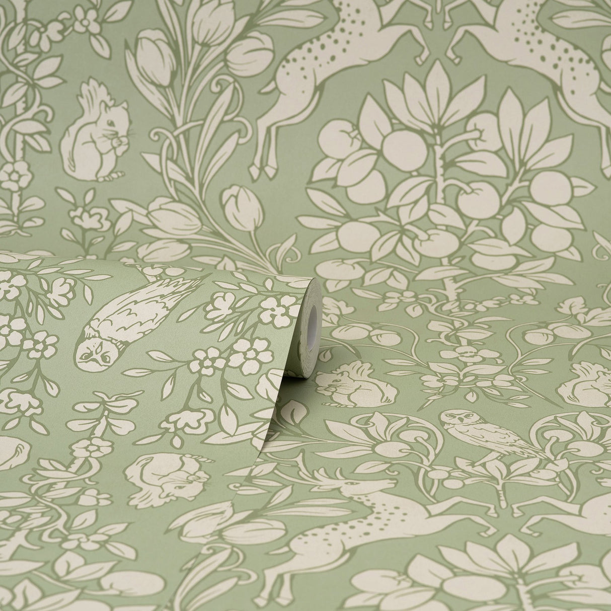 Richmond Sage Floral Wallpaper with Whimsical Botanical Animal Motif - Brewster M1688