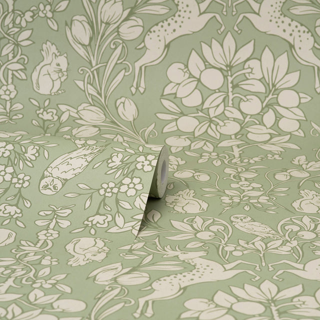Richmond Sage Floral Wallpaper with Whimsical Botanical Animal Motif - Brewster M1688