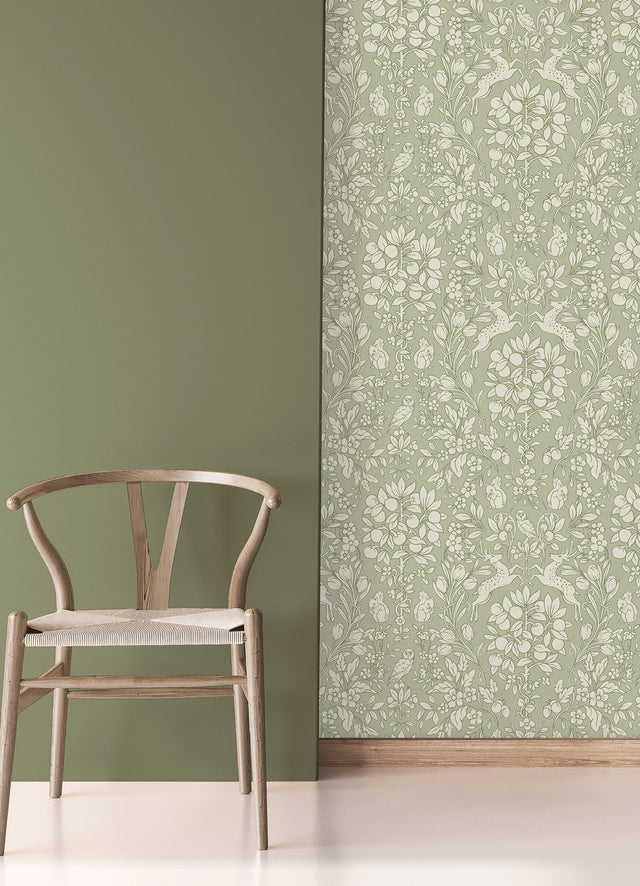 Richmond Sage Floral Wallpaper with Whimsical Botanical Animal Motif - Brewster M1688