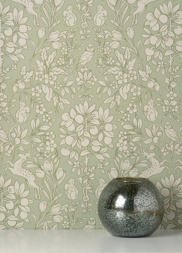 Richmond Sage Floral Wallpaper with Whimsical Botanical Animal Motif - Brewster M1688