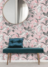 Meridian Parade Pink Tropical Leaves Wallpaper with Botanical Leaves Pattern, Tropical Style - Brewster M1690