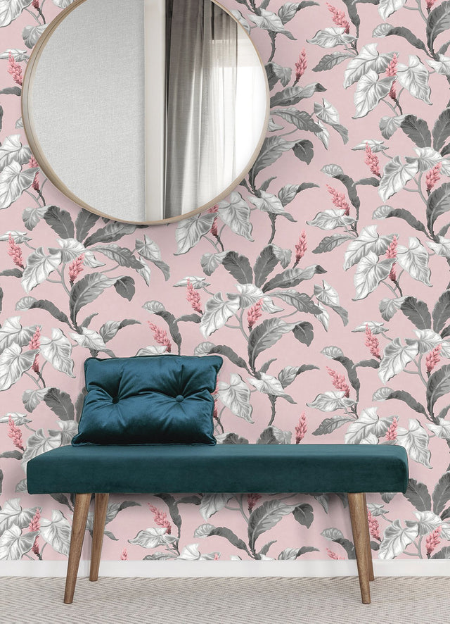 Meridian Parade Pink Tropical Leaves Wallpaper with Botanical Leaves Pattern, Tropical Style - Brewster M1690