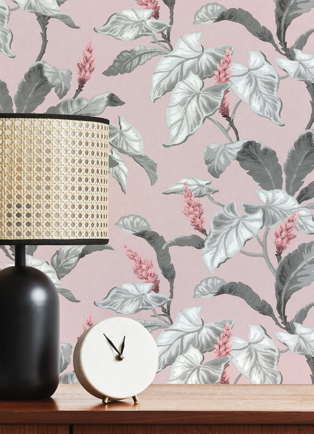 Meridian Parade Pink Tropical Leaves Wallpaper with Botanical Leaves Pattern, Tropical Style - Brewster M1690
