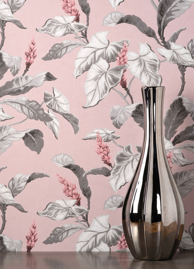 Meridian Parade Pink Tropical Leaves Wallpaper with Botanical Leaves Pattern, Tropical Style - Brewster M1690