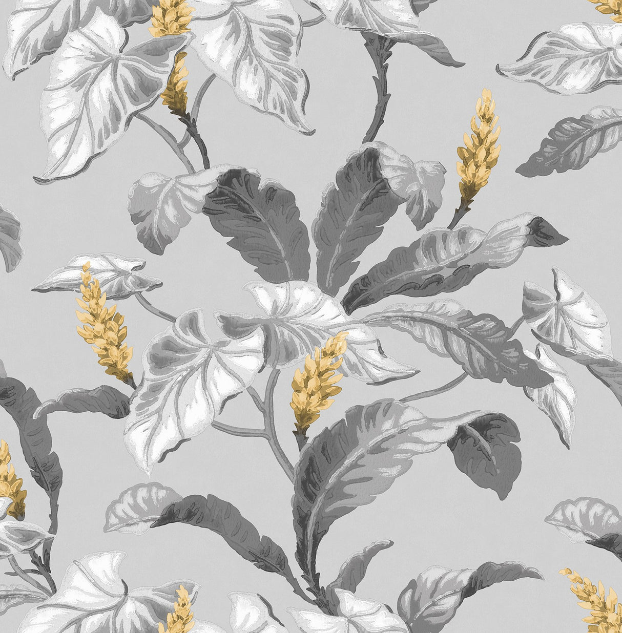 Meridian Parade Grey Tropical Leaves Wallpaper with Botanical Leaves Motif - Brewster M1691
