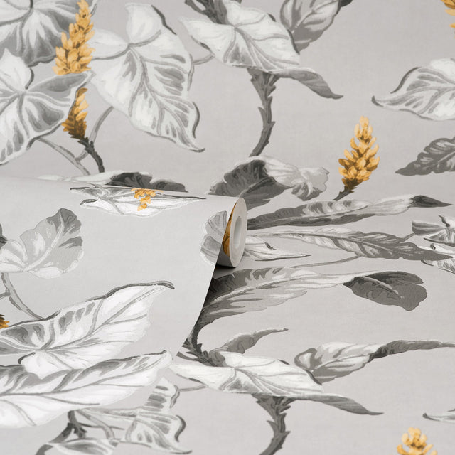Meridian Parade Grey Tropical Leaves Wallpaper with Botanical Leaves Motif - Brewster M1691