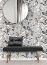 Meridian Parade Grey Tropical Leaves Wallpaper with Botanical Leaves Motif - Brewster M1691