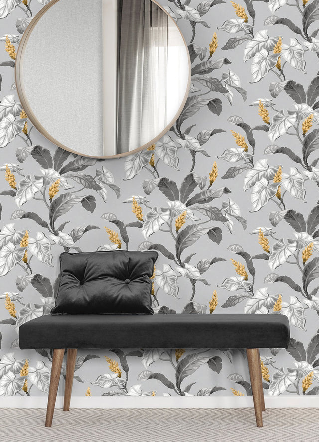 Meridian Parade Grey Tropical Leaves Wallpaper with Botanical Leaves Motif - Brewster M1691