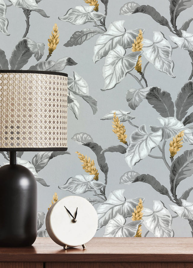 Meridian Parade Grey Tropical Leaves Wallpaper with Botanical Leaves Motif - Brewster M1691