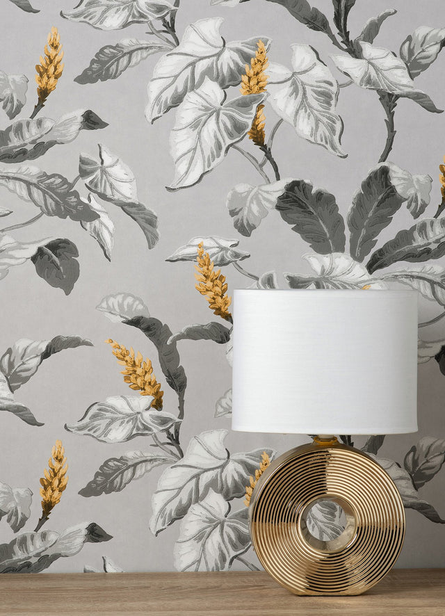 Meridian Parade Grey Tropical Leaves Wallpaper with Botanical Leaves Motif - Brewster M1691