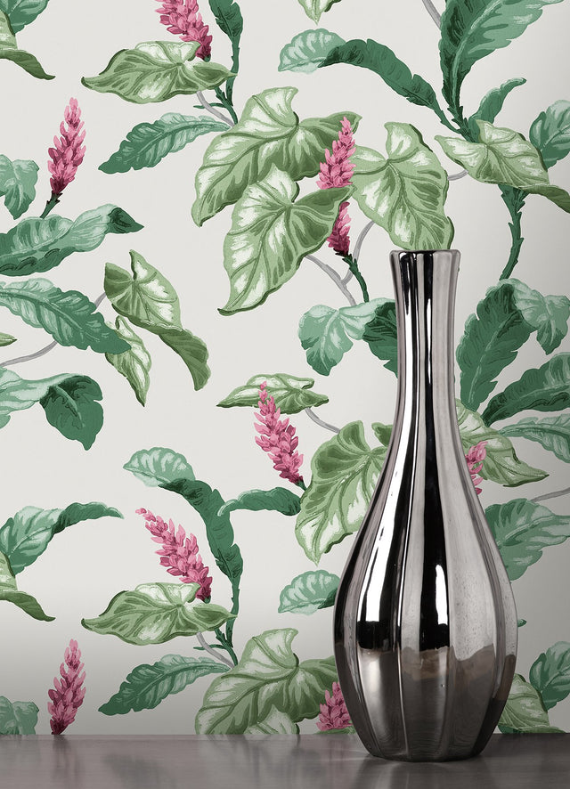 Meridian Parade Green Tropical Leaves Wallpaper with Botanical Leaf Pattern - Brewster M1692