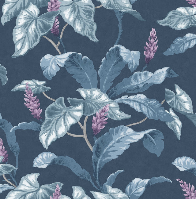 Meridian Parade Blue Tropical Leaves Wallpaper with Botanical Tropical Leaves Pattern - Brewster M1693